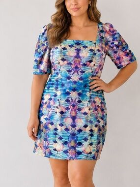 Mackenzie Mode Blue Watercolor Print Square Neck Sheath Mini Dress